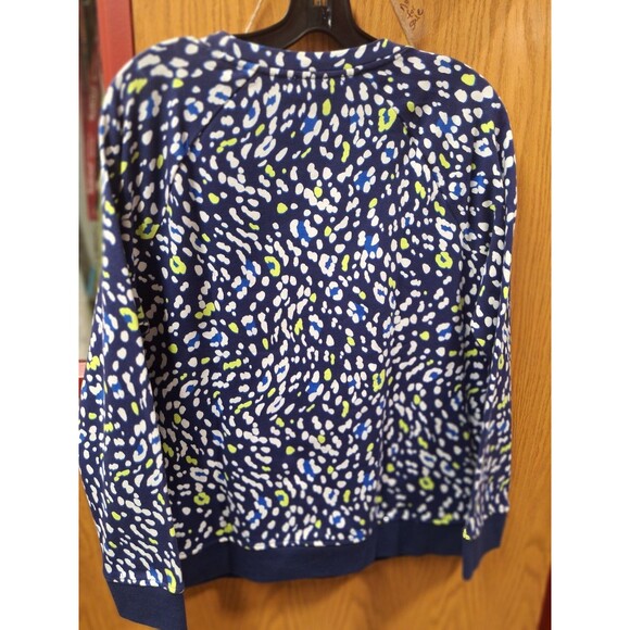 T by Talbots Sweatshirt LP Blue Yellow Geometric Zip Pocket Comfort Casual‎ - Picture 2 of 9
